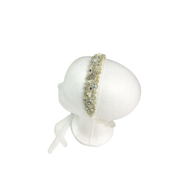 David's Bridal pearl crystal silver headband with ribbons Tie Back Ivory - Picture 3 of 4